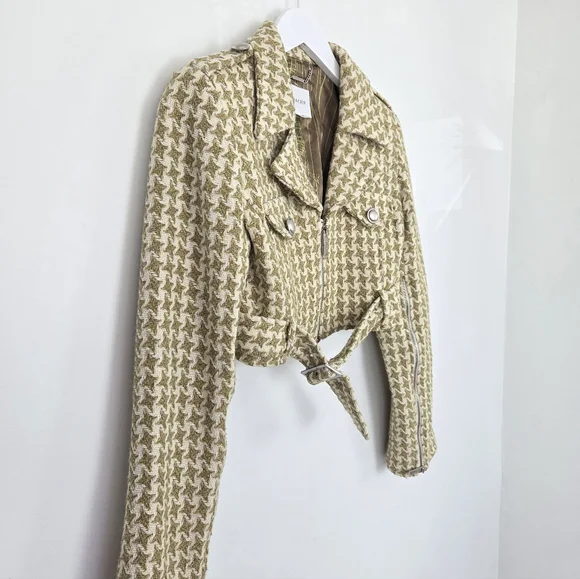 WALTER Green Cream Houndstooth Wool Blend Tweed Cropped Jacket Size 4 - Picture 2 of 12
